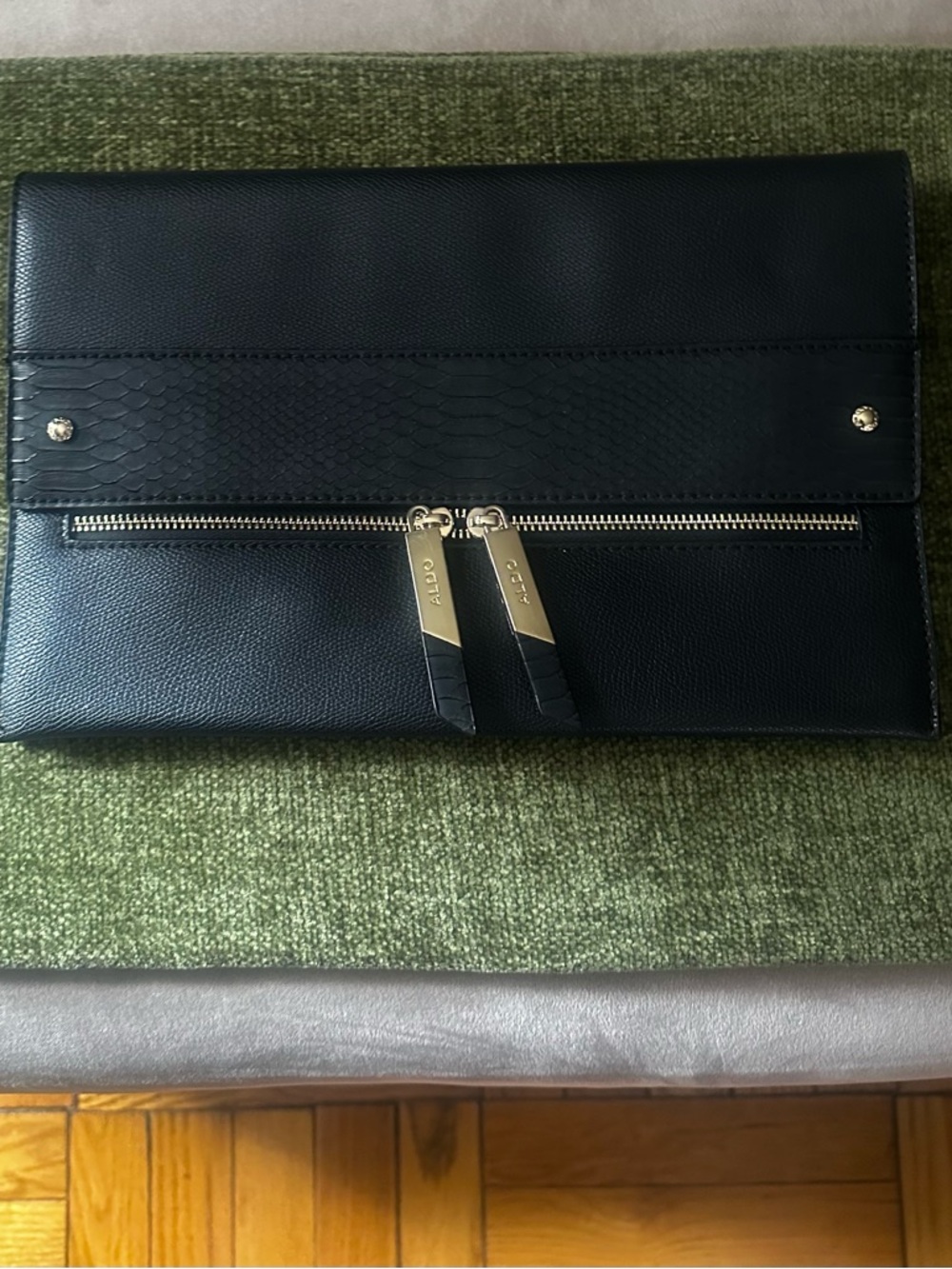 Aldo Black  Zip-Accent Oversized Clutch with Gold Hardware